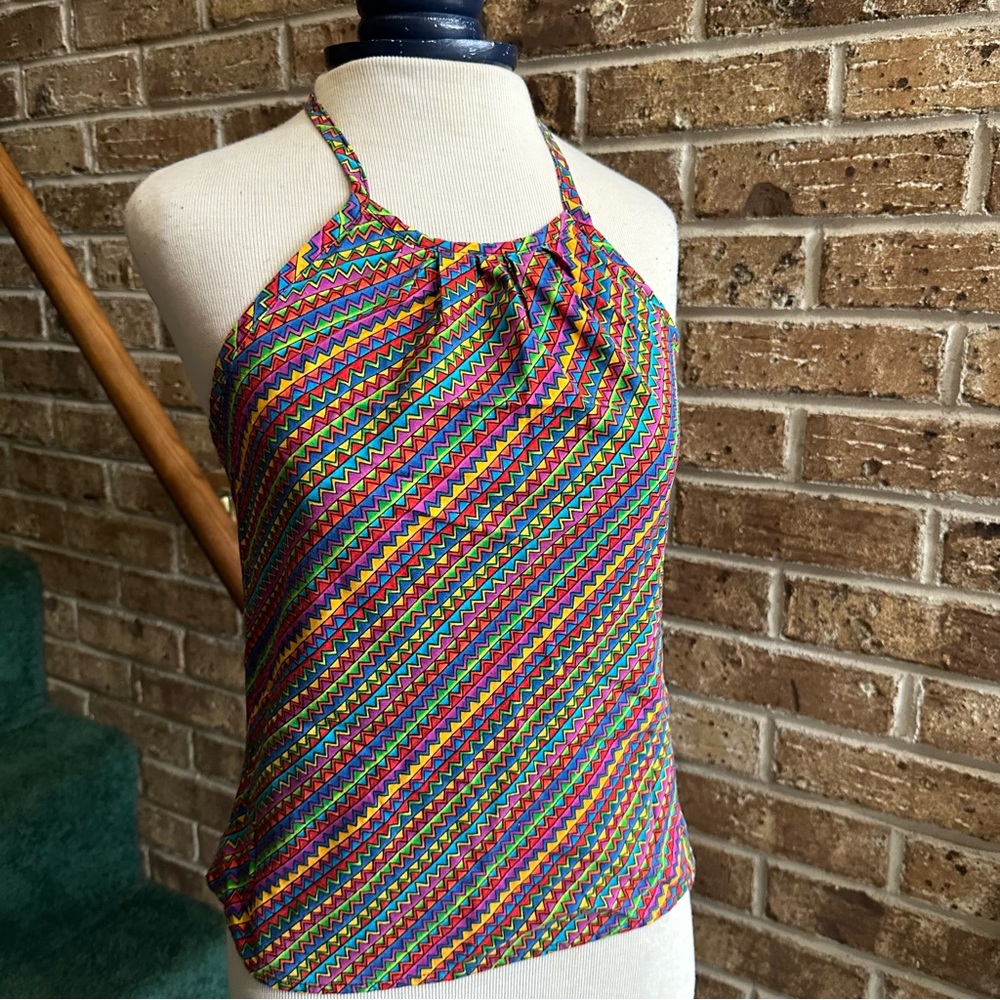 Y2K VTG Maximalist Crazy Colorful Vibrant Zigzag Print Halter Tank Top